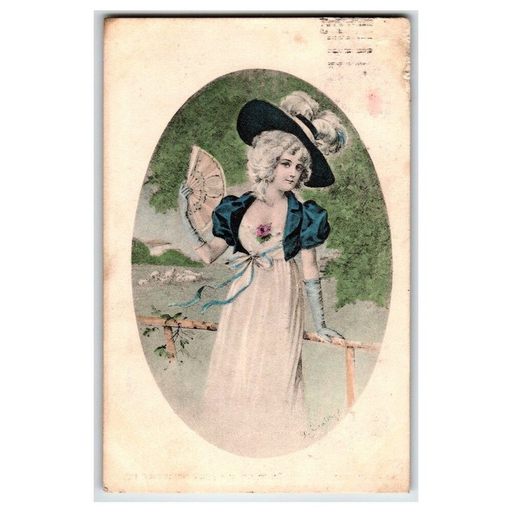 Vintage 1908 Edwardian Woman Large Hat Fan Fashion Austria Postcard Posted